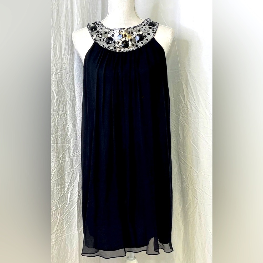 Maggy London Silk Black Dress Sequin & Beaded Collar Prom Cocktail Semi Formal